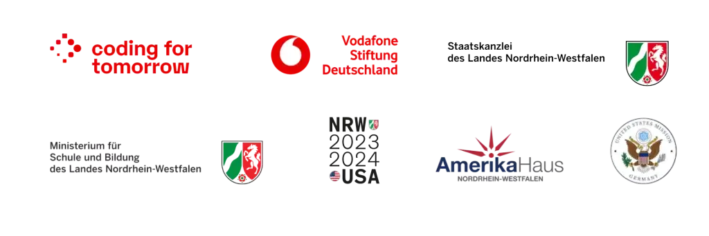 Logos von unterstützenden/veranstaltenden Organisationen: coding for tomorrow, Vodafone Stiftung Deutschland, Staatskanzlei des Landes Nordrhein-Westfalen, Ministerium für Schule und Bildung des Landes Nordrhein-Westfalen, NRW USA 2023 2024, AmerikaHaus Nordrhein-Westfalen, United States Mission Germany