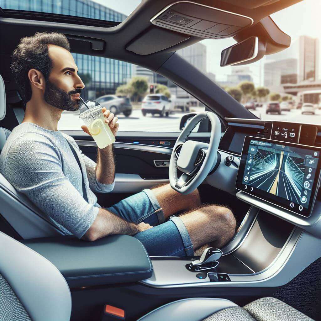 Mann der in einem modernem Auto sitz und eine Limonade trinkt, während KI das Fahrzeug steuert