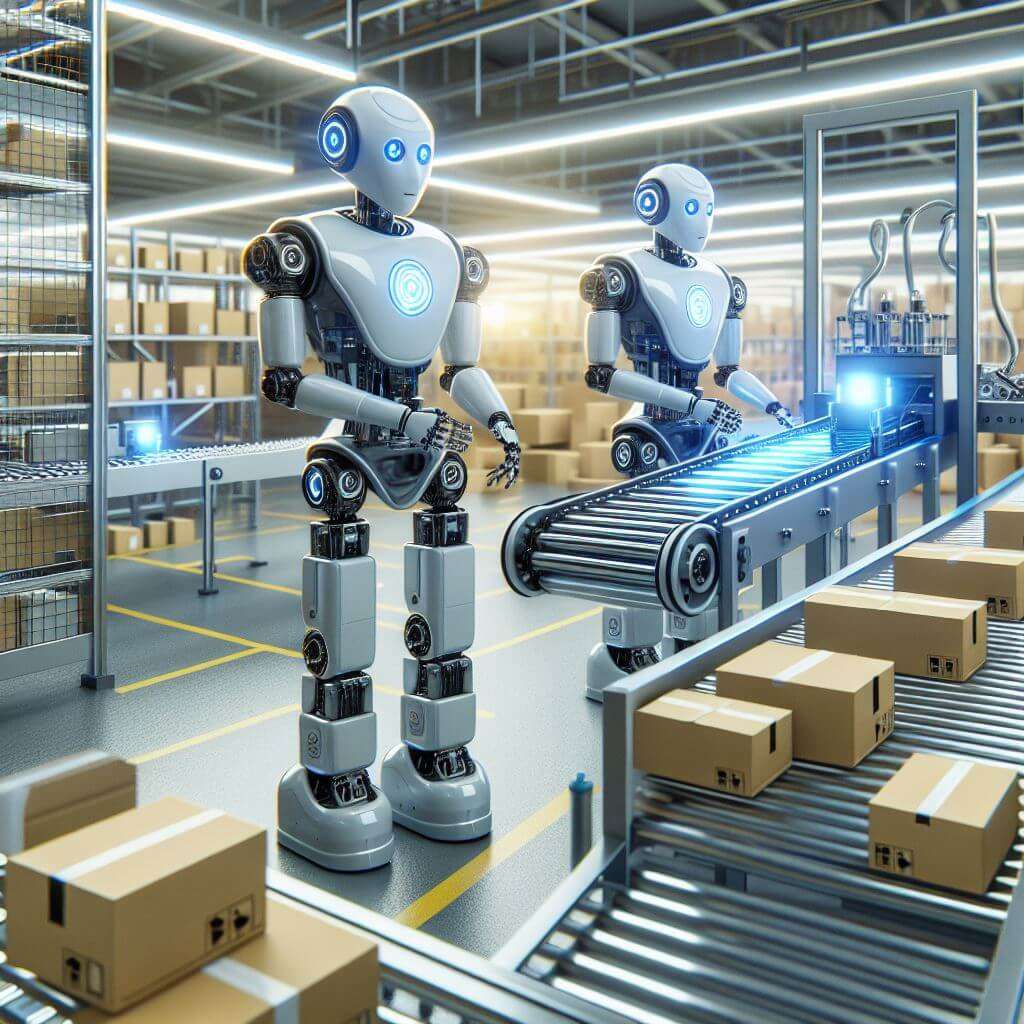 Zwei Roboter die als KI an einem Fließband arbeiten