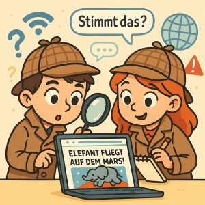 zwei Kinder schauen auf einen Laptop mit der Schlagzeile "Elefant fliegt auf dem Mars"