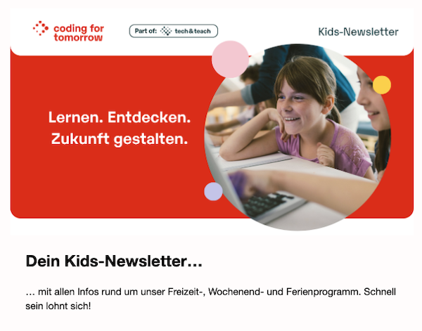 Screenshot eines Newsletters für Kids-Angebote von Coding For Tomorrow