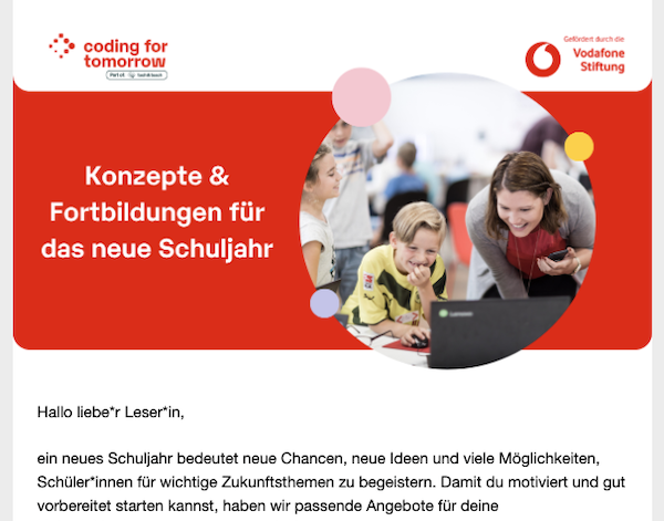Screenshot eines Newsletters für Lehrkräfte von Coding For Tomorrow