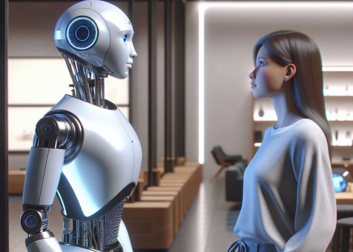 Ein Roboter und eine Frau die sich gegenüber stehen.