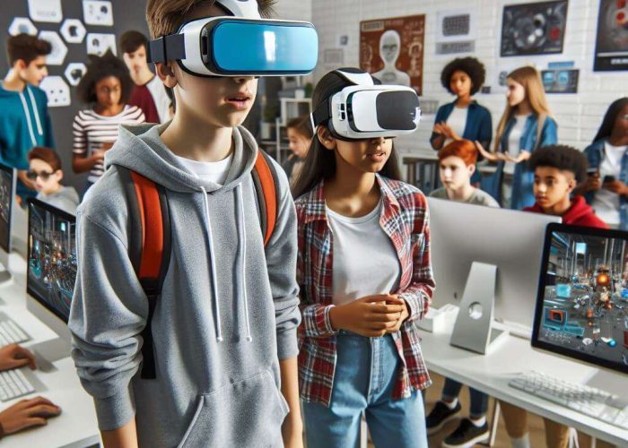 Ein Junge und ein Mädchen, welche VR-Brillen in einem Klassenraum tragen.