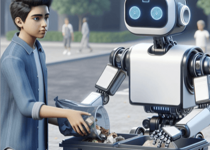 Ein Junge und ein Roboter die Müll in eine Mülltonne werfen.
