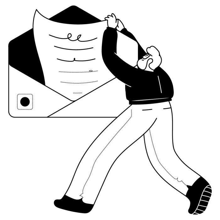 Schwarze Grafik eines Mannes, der einen großen Briefumschlag hochhält.