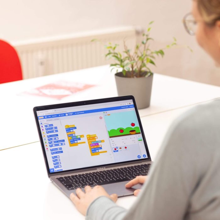 Eine Frau sitzt vor einem Laptop auf dem die Software Scratch geöffnet ist.
